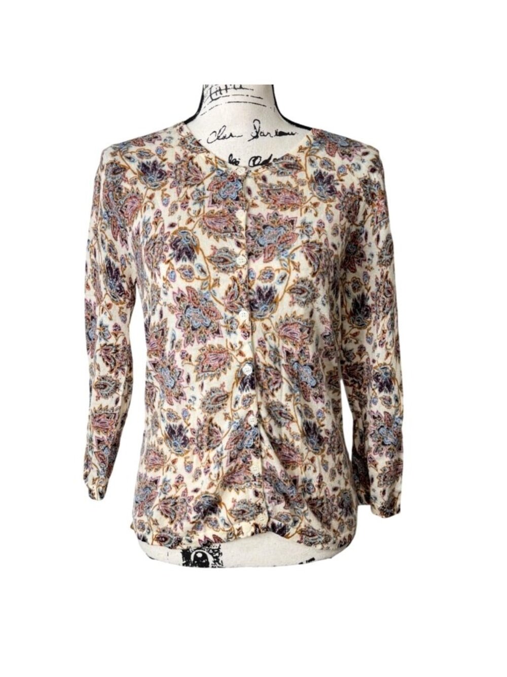 Garnet Hill Women Size M Cardigan Merino Wool Paisley Floral Sweater Lightweight